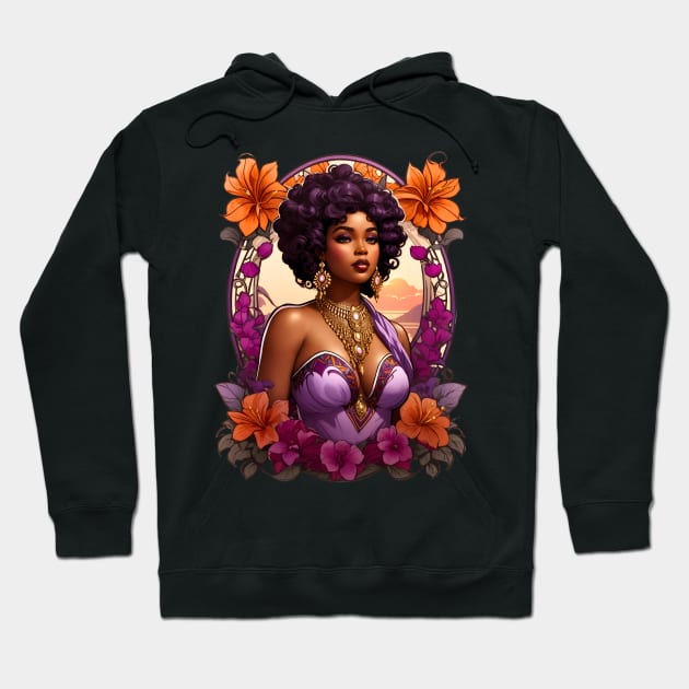 Black Woman in Amethyst Dress retro vintage floral design Hoodie by Neon City Bazaar